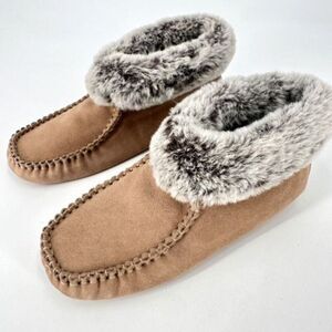 Vintage 90s Hush Puppies Leather Booties Moccasins Slippers Faux Fur Size 7